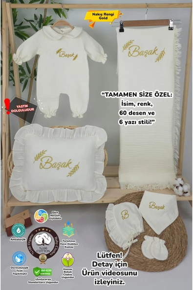 gros shop Müslin Yeni Doğan 4Katlı Organik %100Pamuk Kişiye Özgü Nakışlı Hastane Çıkış Seti-Başak Model ürün görseli