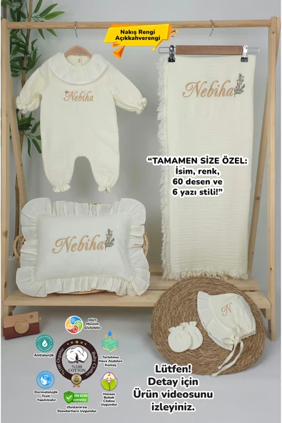 gros shop Müslin Yeni Doğan 4Katlı Organik %100Pamuk Kişiye Özgü Nakışlı Hastane Çıkış Seti (Dallı Papatya) ürün görseli