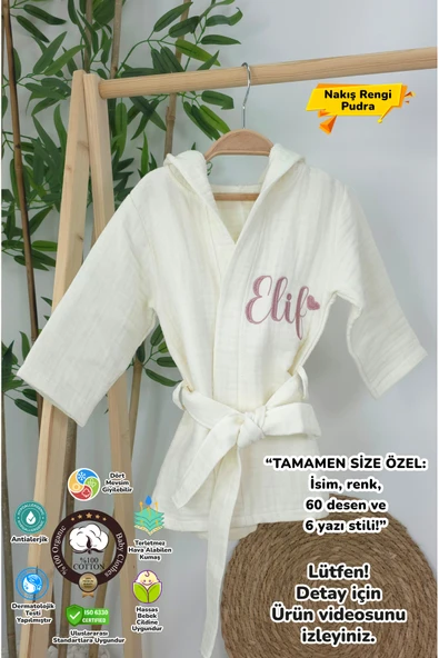 gros shop Müslin Yeni Doğan 4Katlı Organik %100Pamuk Kişiye Özgü Nakışlı Kalpli Bornoz (0-2 Yaş) ürün görseli