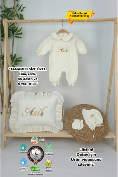 gros shop Müslin Yeni Doğan 4Katlı Organik %100Pamuk Kişiye Özgü Nakışlı Hastane Çıkış Seti (Papatya Model-3) - Resim 4