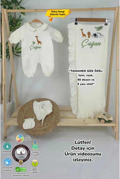 gros shop Müslin Yeni Doğan 4Katlı Organik %100Pamuk Kişiye Özgü Nakışlı Hastane Çıkış Seti-Safari Model-2 ürün görseli