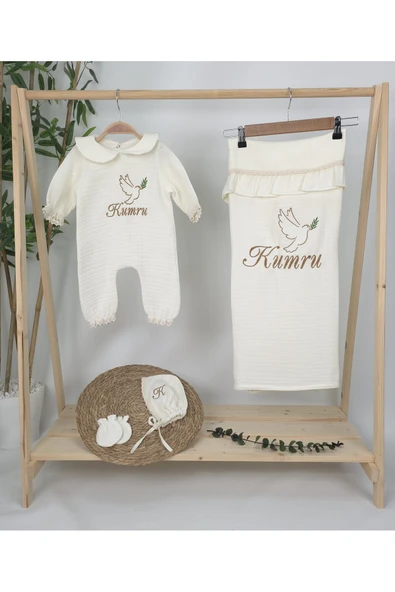 gros shop Müslin Yeni Doğan 4Katlı Organik %100Pamuk Kişiye Özgü Nakışlı Hastane Çıkış Seti (Kuş Model-2) - Resim 2