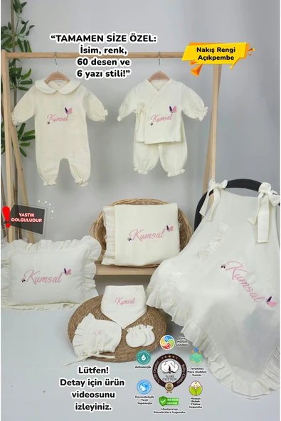 gros shop Müslin Yeni Doğan 4Katlı Organik %100Pamuk Kişiye Özgü Nakışlı Hastane Çıkış Seti (Kelebek Model-2) ürün görseli