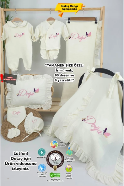 gros shop Müslin Yeni Doğan 4Katlı Organik %100Pamuk Kişiye Özgü Nakışlı Hastane Çıkış Seti (Kelebek Model-1) ürün görseli