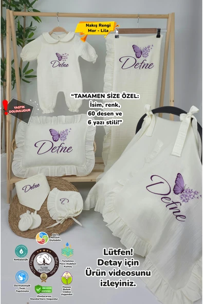 gros shop Müslin Yeni Doğan 4Katlı Organik %100Pamuk Kişiye Özgü Nakışlı Hastane Çıkış Seti-Çoklu Kelebek - 1