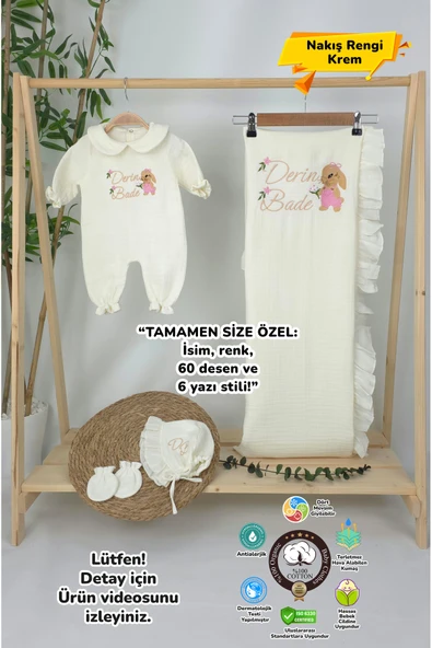 gros shop Müslin Yeni Doğan 4Katlı Organik %100Pamuk Kişiye Özgü Nakışlı Hastane Çıkış Seti(Tavşan Model-3) - 4