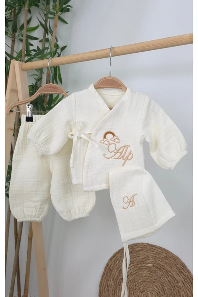 gros shop Müslin Yeni Doğan 4Katlı Organik %100Pamuk Kişiye Özgü Nakışlı Hastane Çıkış Seti (Gökkuşağı Model2) - Resim 4