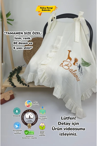 gros shop Müslin Yeni Doğan 4Katlı Organik %100Pamuk Kişiye Özgü Nakışlı Hastane Çıkış Seti-Safari Model ürün görseli