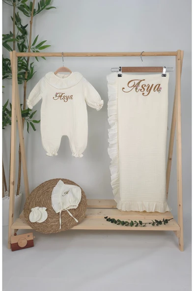 gros shop Müslin Yeni Doğan 4Katlı Organik %100Pamuk Kişiye Özgü Nakışlı Hastane Çıkış Seti(Papatya Model-4) - 2