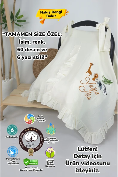 gros shop Müslin Yeni Doğan 4Katlı Organik %100Pamuk Kişiye Özgü Nakışlı Hastane Çıkış Seti (Safari Model-3) ürün görseli
