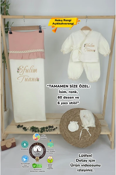 gros shop Müslin Yeni Doğan 4Katlı Organik %100Pamuk Kişiye Özgü Nakışlı Hastane Çıkış Seti (Papatya Model-6) ürün görseli