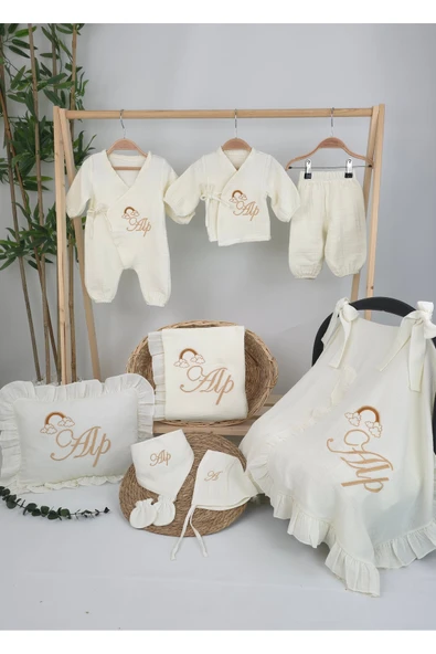 gros shop Müslin Yeni Doğan 4Katlı Organik %100Pamuk Kişiye Özgü Nakışlı Hastane Çıkış Seti (Gökkuşağı Model2) - Resim 2