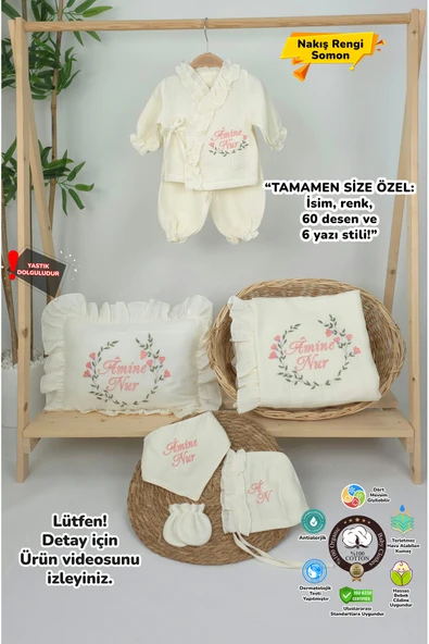 gros shop Müslin Yeni Doğan 4Katlı Organik %100Pamuk Kişiye Özgü Nakışlı Hastane Çıkış Seti (Çiçek Model-2) ürün görseli