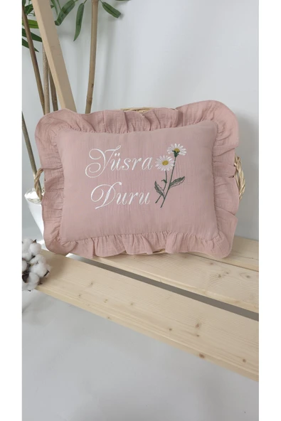 gros shop Müslin Yeni Doğan 4Katlı Organik %100Pamuk Kişiye Özgü Nakışlı Hastane Çıkış Seti (Pudra Papatyalı) - Resim 2