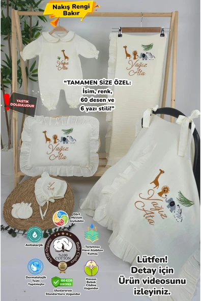 gros shop Müslin Yeni Doğan 4Katlı Organik %100Pamuk Kişiye Özgü Nakışlı Hastane Çıkış Seti (Safari Model-3) ürün görseli