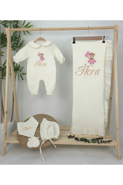 gros shop Müslin Yeni Doğan 4Katlı Organik %100Pamuk Kişiye Özgü Nakışlı Hastane Çıkış Seti (Ayıcık Model-5) - 2