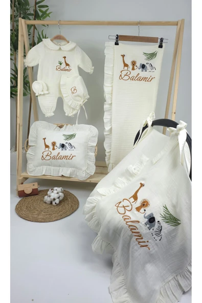 gros shop Müslin Yeni Doğan 4Katlı Organik %100Pamuk Kişiye Özgü Nakışlı Hastane Çıkış Seti-Safari Model - Resim 2