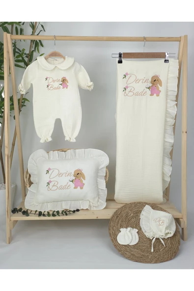 gros shop Müslin Yeni Doğan 4Katlı Organik %100Pamuk Kişiye Özgü Nakışlı Hastane Çıkış Seti(Tavşan Model-3) - Resim 2
