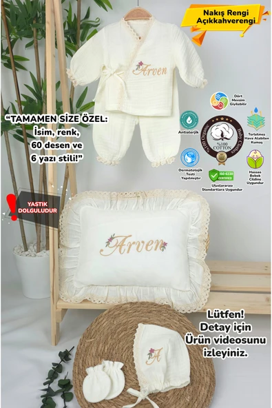 gros shop Müslin Yeni Doğan 4Katlı Organik %100Pamuk Kişiye Özgü Nakışlı Hastane Çıkış Seti-Papatya ürün görseli