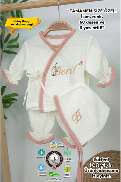 gros shop Müslin Yeni Doğan 4Katlı Organik %100Pamuk Kişiye Özgü Nakışlı Hastane Çıkış Seti (Pudra Biyeli-1) ürün görseli