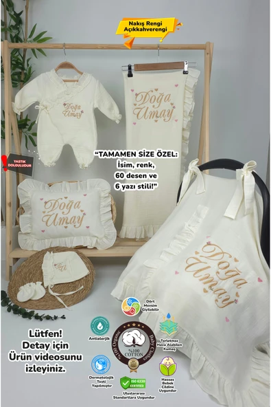 gros shop Müslin Yeni Doğan 4Katlı Organik %100Pamuk Kişiye Özgü Nakışlı Hastane Çıkış Seti (Çoklu Kalp-1) ürün görseli