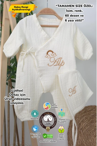 gros shop Müslin Yeni Doğan 4Katlı Organik %100Pamuk Kişiye Özgü Nakışlı Hastane Çıkış Seti (Gökkuşağı Model2) ürün görseli