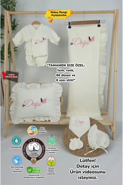 gros shop Müslin Yeni Doğan 4Katlı Organik %100Pamuk Kişiye Özgü Nakışlı Hastane Çıkış Seti (Kelebek Model-1) ürün görseli