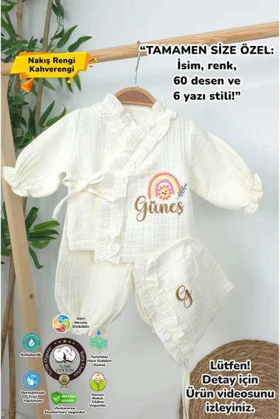 gros shop Müslin Yeni Doğan 4Katlı Organik %100Pamuk Kişiye Özgü Nakışlı Hastane Çıkış Seti(Gökkuşağı Model-3) ürün görseli