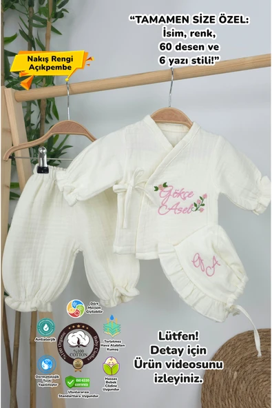 gros shop Müslin Yeni Doğan 4Katlı Organik %100Pamuk Kişiye Özgü Nakışlı Hastane Çıkış Seti (Güllü Model-2) ürün görseli