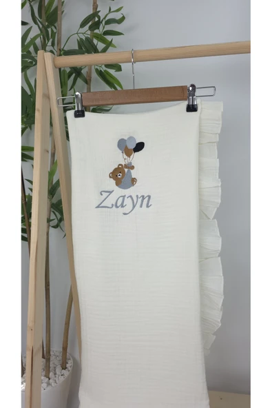 gros shop Müslin Yeni Doğan 4Katlı Organik %100Pamuk Kişiye Özgü Nakışlı Hastane Çıkış Seti (Balonlu Ayıcık-2) - Resim 3