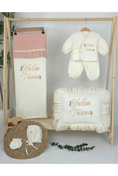 gros shop Müslin Yeni Doğan 4Katlı Organik %100Pamuk Kişiye Özgü Nakışlı Hastane Çıkış Seti (Papatya Model-6) - Resim 2