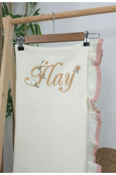 gros shop Müslin Yeni Doğan 4Katlı Organik %100Pamuk Kişiye Özgü Nakışlı Hastane Çıkış Seti (Papatya Model-9) - Resim 3