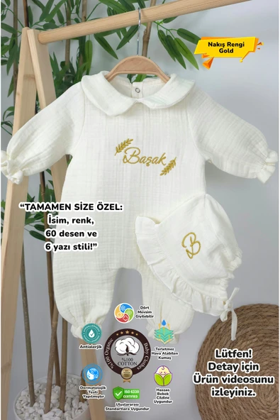 gros shop Müslin Yeni Doğan 4Katlı Organik %100Pamuk Kişiye Özgü Nakışlı Hastane Çıkış Seti-Başak Model ürün görseli