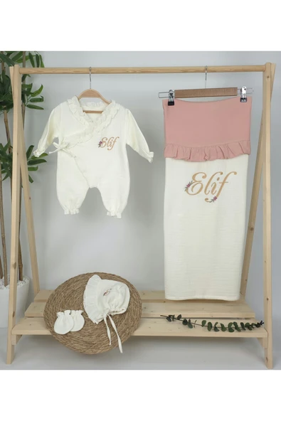 gros shop Müslin Yeni Doğan 4Katlı Organik %100Pamuk Kişiye Özgü Nakışlı Hastane Çıkış Seti (Papatya Model-7) - Resim 2