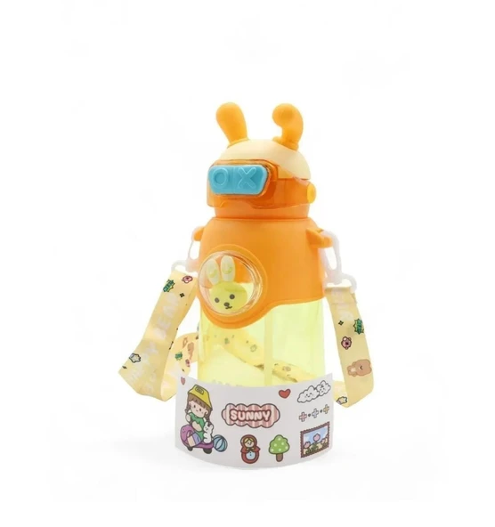 Kaliteli Astronot Tavşan Figürlü Matara Etiket Hediyeli Okul Çocuk Suluğu Pipetli 750ml SARI RENK - 3