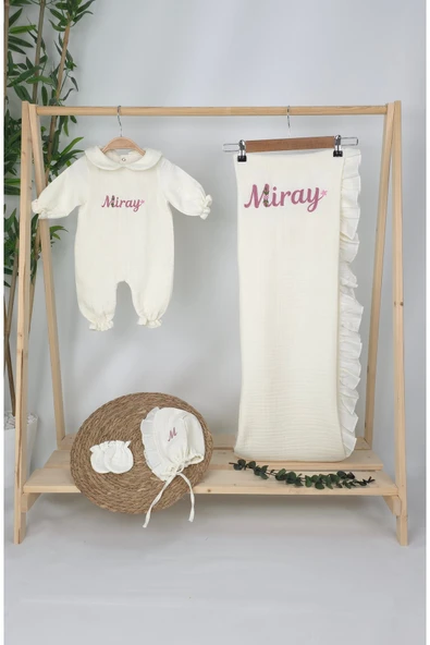 gros shop Müslin Yeni Doğan 4Katlı Organik %100Pamuk Kişiye Özgü Nakışlı Hastane Çıkış Seti (Papatya Model-12) - 2