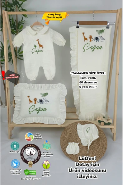 gros shop Müslin Yeni Doğan 4Katlı Organik %100Pamuk Kişiye Özgü Nakışlı Hastane Çıkış Seti-Safari Model-2 ürün görseli