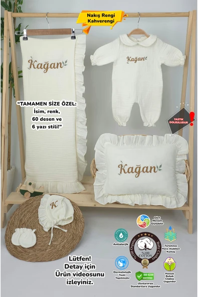 gros shop Müslin Yeni Doğan 4Katlı Organik %100Pamuk Kişiye Özgü Nakışlı Hastane Çıkış Seti (Yaprak Desen-2) ürün görseli