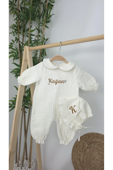 gros shop Müslin Yeni Doğan 4Katlı Organik %100Pamuk Kişiye Özgü Nakışlı Hastane Çıkış Seti (Yaprak Desen-2) - Resim 4