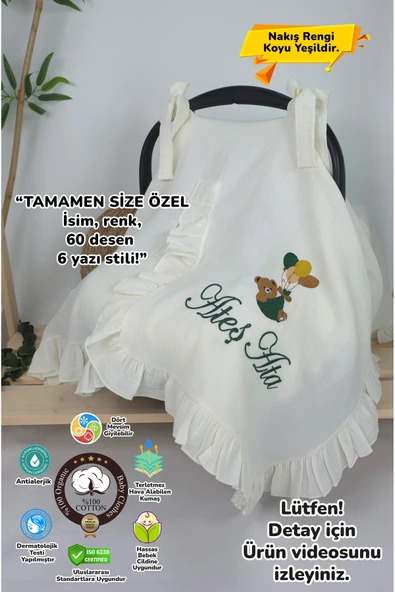 gros shop Müslin Yeni Doğan 4Katlı Organik %100Pamuk Kişiye Özgü Nakışlı Hastane Çıkış Seti-Yeşil Ayıcık Balon ürün görseli