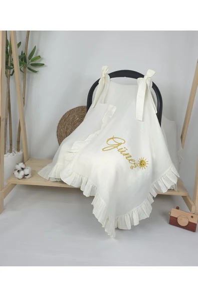 gros shop Müslin Yeni Doğan 4Katlı Organik %100Pamuk Kişiye Özgü Nakışlı Hastane Çıkış Seti (Güneş Model-2) - Resim 2