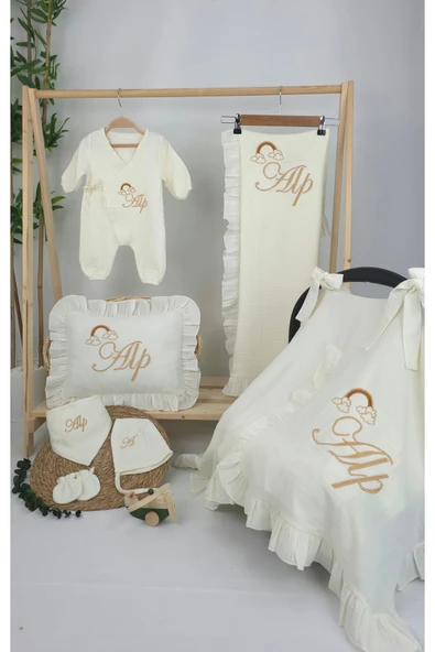 gros shop Müslin Yeni Doğan 4Katlı Organik %100Pamuk Kişiye Özgü Nakışlı Hastane Çıkış Seti (Gökkuşağı Model2) - Resim 2