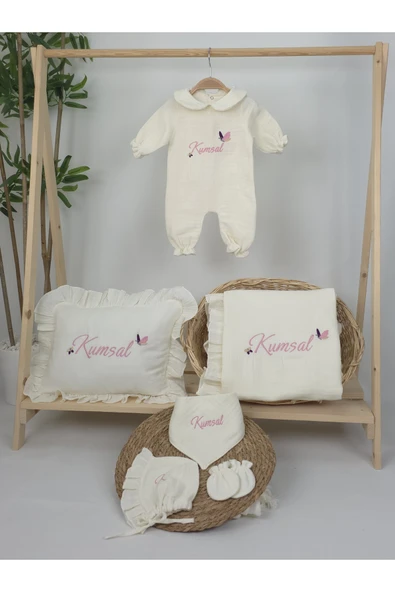 gros shop Müslin Yeni Doğan 4Katlı Organik %100Pamuk Kişiye Özgü Nakışlı Hastane Çıkış Seti (Kelebek Model-2) - Resim 2