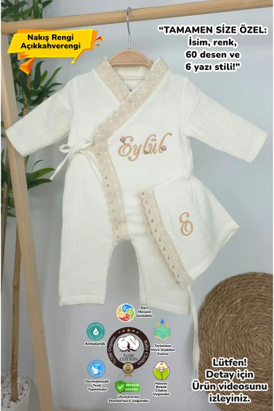 gros shop Müslin Yeni Doğan 4Katlı Organik %100Pamuk Kişiye Özgü Nakışlı Hastane Çıkış Seti (Kalpli Model-5) ürün görseli