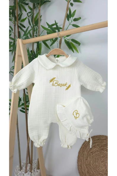 gros shop Müslin Yeni Doğan 4Katlı Organik %100Pamuk Kişiye Özgü Nakışlı Hastane Çıkış Seti-Başak Model - Resim 2