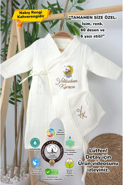 gros shop Müslin Yeni Doğan 4Katlı Organik %100Pamuk Kişiye Özgü Nakışlı Hastane Çıkış Seti(Ay YıldızlıAyıcık) - 1