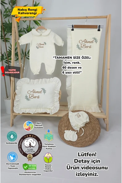 gros shop Müslin Yeni Doğan 4Katlı Organik %100Pamuk Kişiye Özgü Nakışlı Hastane Çıkış Seti (Dal Modell-2) ürün görseli
