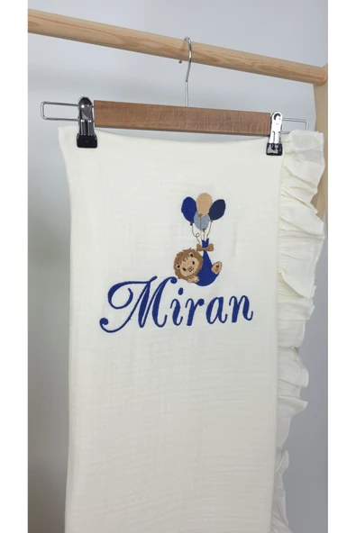 gros shop Müslin Yeni Doğan 4Katlı Organik %100Pamuk Kişiye Özgü Nakışlı Hastane Çıkış Seti (Balonlu Aslan-4) - Resim 3