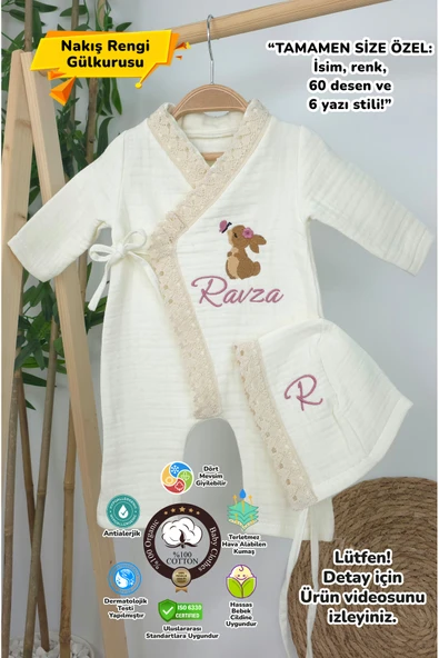 gros shop Müslin Yeni Doğan 4Katlı Organik %100Pamuk Kişiye Özgü Nakışlı Hastane Çıkış Seti (Tavşan Model-5) ürün görseli