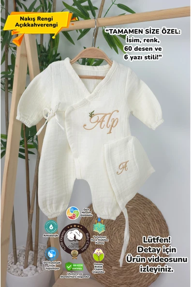 gros shop Müslin Yeni Doğan 4Katlı Organik %100Pamuk Kişiye Özgü Nakışlı Hastane Çıkış Seti(İki Dallı Model-4) ürün görseli